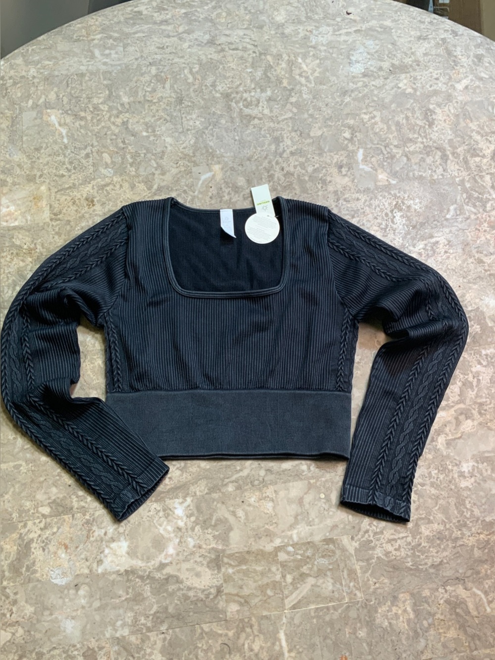 aerie Black Square-Neck Ribbed Crop Sweatshirt